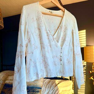 J Jill Cream w Delicate Tan Embroidery Faux Wrap Top
